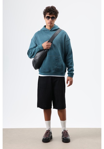 Vamos Oversize Nakış Detaylı Hoodie Nefti Yeşil