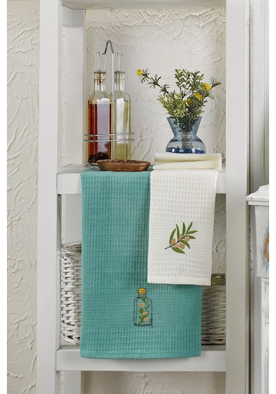 Eponj Home 6lı Kurulama Peçetesi Nakışlı 40x60 Zeytin Yeşil-beyaz