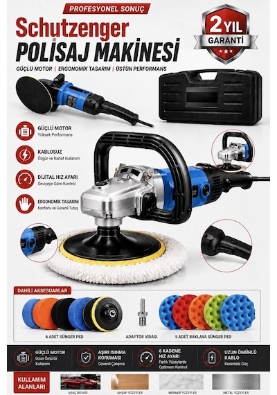 Px12 Devir Ayarlı Polisaj Makinesi Bakır Sargı 12 Parça Ped Seti 2000w 180mm Profesyonel Mavi 7c1