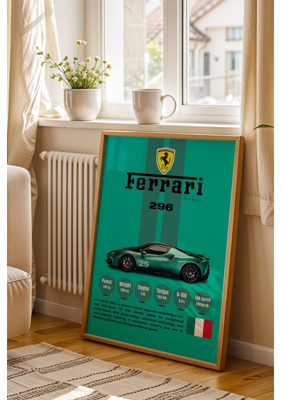 Ferrari 296 Premium Hibrit Süper Araba Tablosu - Teknik Özellikli İtalyan Otomobil Duvar Dekoru Kayın