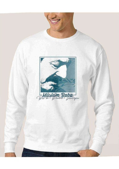 Müslüm Baba Birde Benden Dinleyin Baskılı Beyaz Erkek Sweatshirt