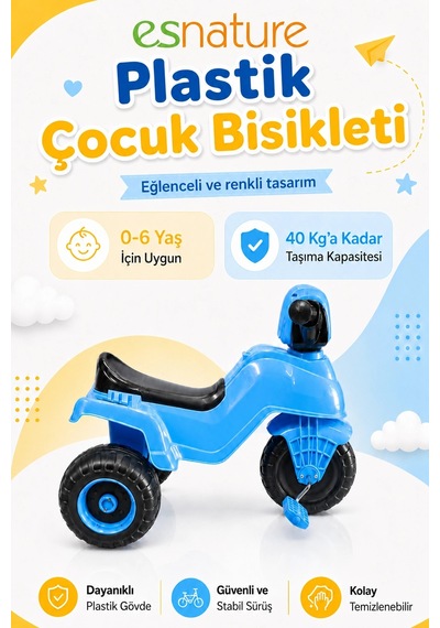 Esnature Plastik Çocuk Bisikleti 3 Tekerlekli Pedallı Mavi 0-6 Yaş 40 Kg Taşıma Kapasiteli Çok Renkli