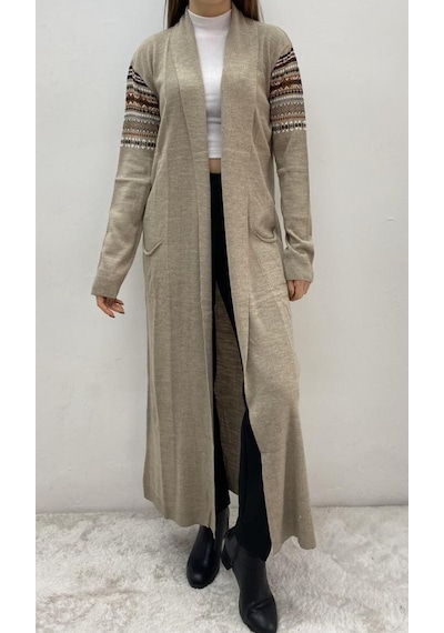 Onno Style Woman Spor Triko Kilim Desenli Uzun Hırka Gri