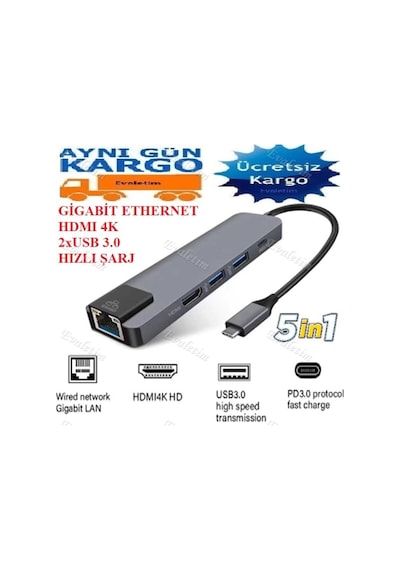 Type C To Hdmi Usb 3.0 Gigabit Ethernet Rj45 4332P Çevirici Hub A