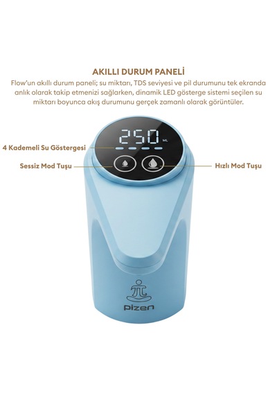 Pizen Flow Usb Şarjlı Otomatik Damacana Su Pompası Tds Ölçer 250ml 500ml 1l 2l Ölçü Özellikli Mavi
