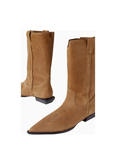 Schutz Ashley 30 Kahverengi Deri Western Topstitch, Düşük Blok Topuklu Lüks Bot