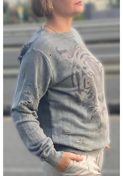 Mia Butik Kadın Gri Kaplan Desenli Sweat Gri