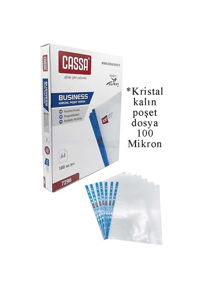Poşet Dosya A4 Kristal 100 Lü 1 Paket Cassa 7296 Kalın Poşet Dosya Föy Mavi Şeritli 100 Mikron Şeffaf Belge Arşivleme 1 Adet