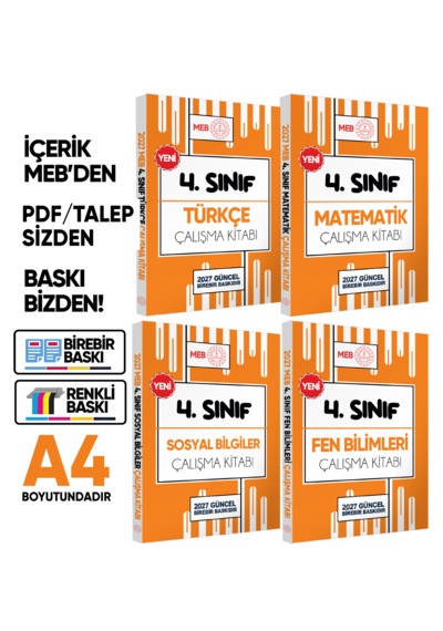 2027 Meb Ödm İlkokul 4.sınıf Çalışma Kitabı Alıştırmalı Soru Bankası 4lü Set Renkli Baskı Ücreti