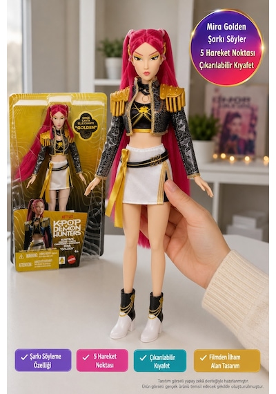 Kpop Demon Hunters Huntr/x Mattel Mira Golden Şarkı Söyleyen Bebek 5 Eklem Kıyafetli 35 Cm