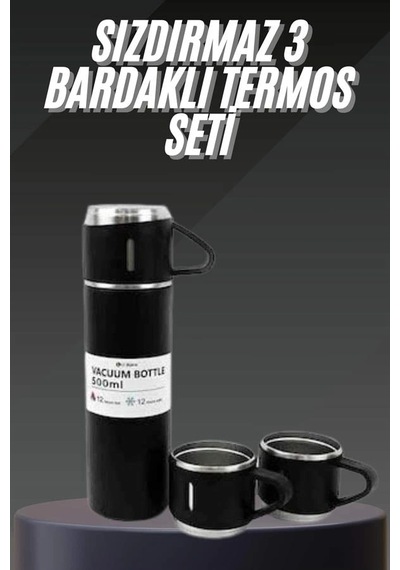 Termos Seti Paslanmaz Çelik 3 Bardaklı Vakumlu Termos Set 500 Ml 12 Saate Kadar Isı Koruma Renkli