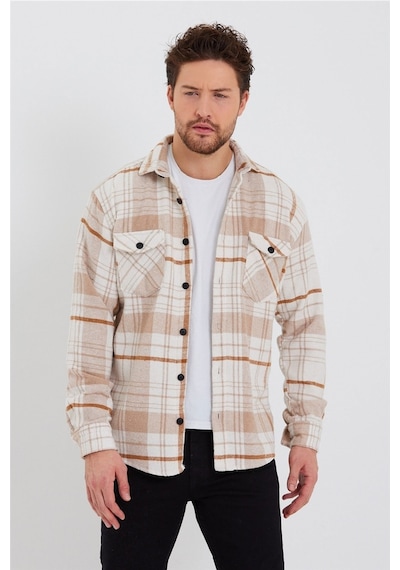 Erkek Kırık Beyaz-turuncu Çift Cep Kapaklı Slim Fit Oduncu Gömlek-odg001r9500s Kırık Beyaz-turuncu