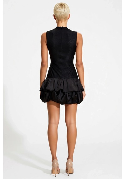 Benerly Kadın Etek Bodycon Mini Elbise Dik Yaka Kolsuz Dantel Örme Balon Siyah