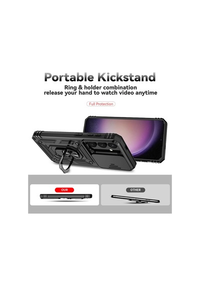 Samsung Galaxy S25 Plus Uyumlu Kamera Sürgülü Tank Kılıf Ve Temperli Cam Ekran Koruyucu Set Siyah