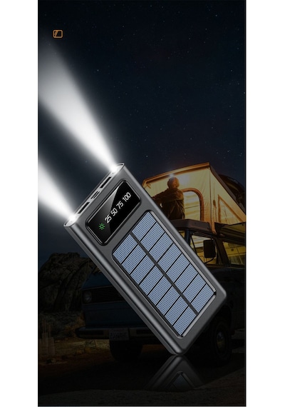 Solar 10.000 Mah Güneş Enerjili Led Işıklı Powerbank Şarj Aleti 2x Usb Çıkışlı Mikro Typc Lıghtnıng Siyah