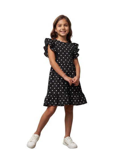 New Kids Kız Çocuk Elbise Puantiyeli Kol Fırfır Manşetli Etek Fırfır Detaylı Krmz Yeni Sezon -91247 Siyah