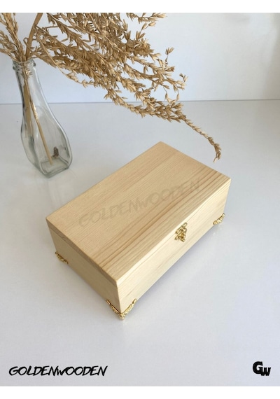 Doğal Ahşap Takı Kutusu Ahşap Saklama Kutusu Beyaz Çam Boy:20cm En:12cm Yük:8,5cm