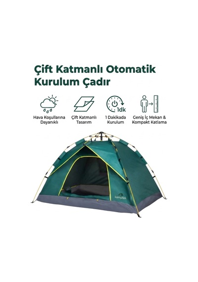 Kamptek Outdoor 4 Kişilik Otomatik Kurulum Kamp Çadırı - Çift Katmanlı, Su Geçirmez, 220x200x140 Cm Yeşil - Renkli