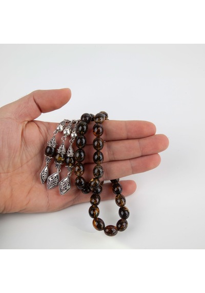 Baltık Kaya 925ayar Gümüş Püskül Damla Beyzi Kesim 10x13mm Tesbih 51gr Kahverengi - Siyah