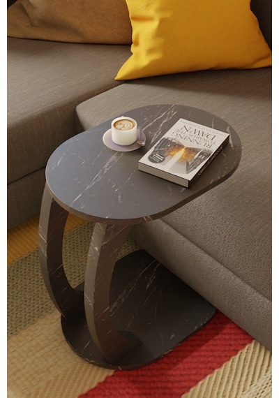 Oval Siyah Mermer C Sehpa Modern,tekerlekli Yan Sehpa Salon, Ofis, Yatak Odası Siyah