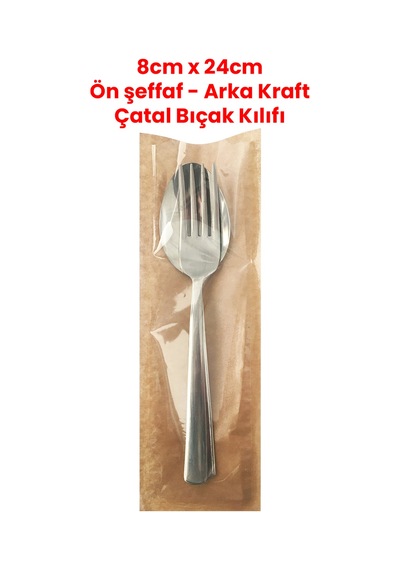 Kraft Ön Pencereli Çatal Kaşık Bıçak Kılıfı 100 Adet - 8cm X 24cm Tek Kullanımlık Kraft 8 X 27