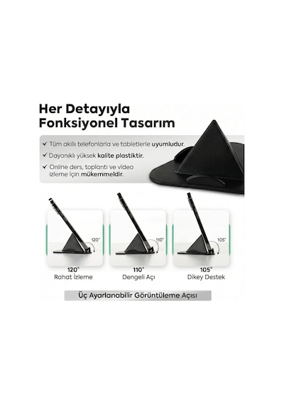 Siyah Telefon Standı, Masaüstü Telefon Tutucu, 3 Açılı Piramit Tasarım Diğer