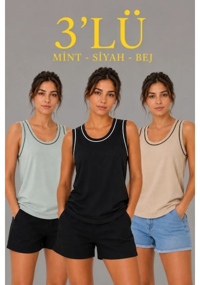 Efnaz Style 3 Lü Kolsuz Sporcu Atlet Seti Yazlık Bisiklet Yakalı - Mint Yeşili, Siyah, Bej Çok Renkli