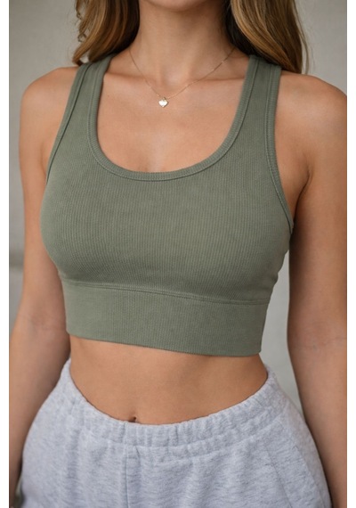 Enva Store Kadın Ribana Askılı Fitilli Crop Haki