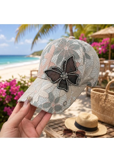 Valkyrie Kadın Taşlı Kelebek Çiçek Detaylı Dantel Şapka Ayarlanabilir Spor Şapka Yazlık Baseball Cap Pembe