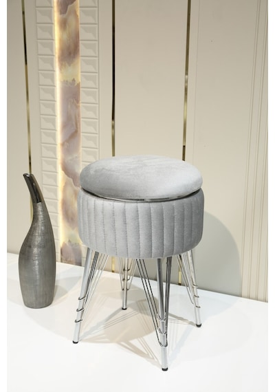 Bianco Metal Ayaklı Puflu Zigon Sehpa Krom Gümüş Gri Chrome Silver Gray