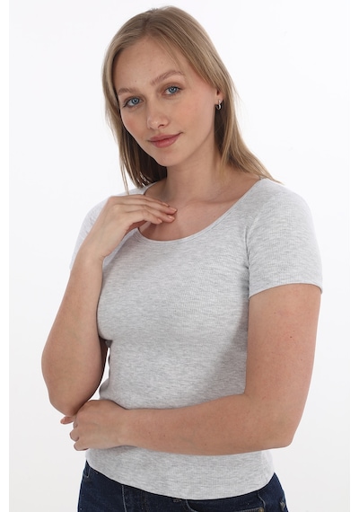 Monox Kadın Fitilli Likralı Pamuk Basic Tshirt Gri