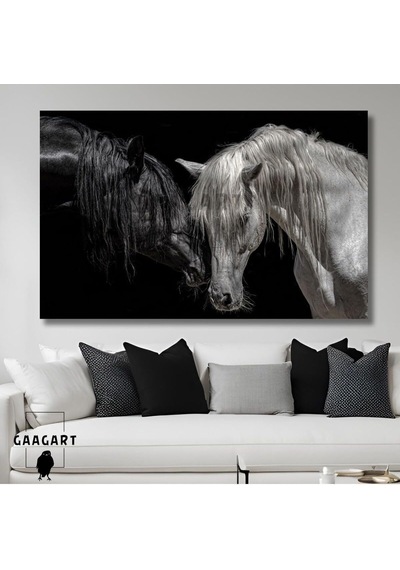 Tekli Yatay Kanvas Dekoratif Duvar Tablosu Siyah Beyaz At, 40 X 30