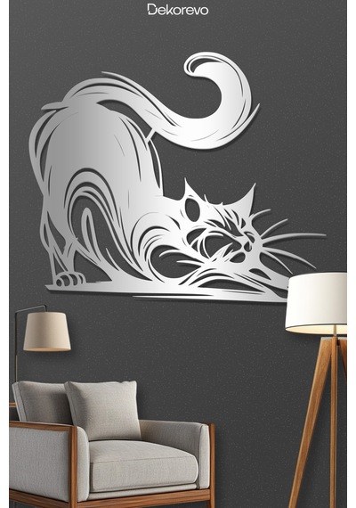 Dekoratif Metal Kedi Duvar Tablosu - Metal Duvar Sanatı - Gümüş - 30 X 30 Cm