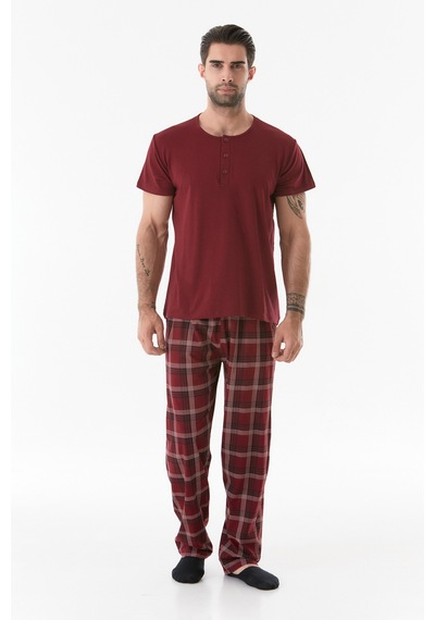 Fullamoda Ekose Desenli Düğmeli Pijama Takımı 24mıcg631212245-bordo 24MICG631212245-Bordo
