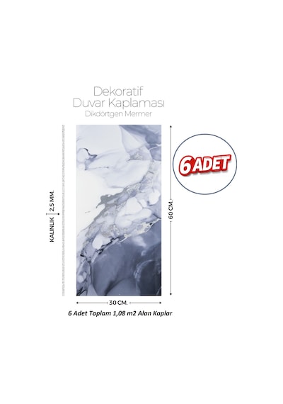 30x60 Cm Kendinden Yapışkanlı Duvar,banyo,tezgah Arası Kaplama Gri-mavi Mermer 8039-30-6