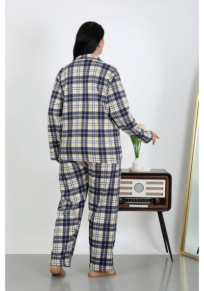 Akbeniz Kadın Büyük Beden Pamuklu Cepli Düğmeli Lacivert Pijama Takım 202504 Lacivert