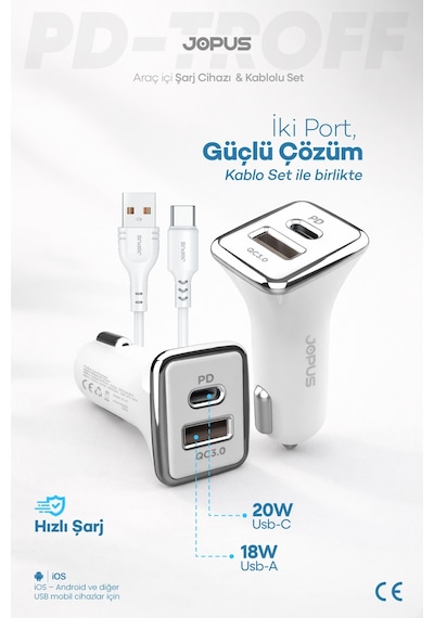 Jopus Type-C Kablolu Araç Şarj Aleti Çakmaklık Seti - Type-C + USB Girişli 38W JO-A7