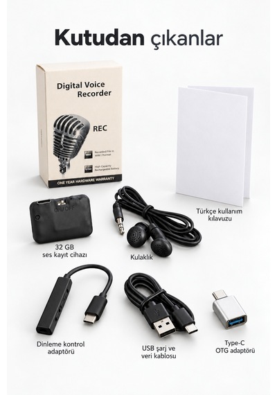 32 Gb Mini Ses Kayıt Cihazı 20 Güne Kadar Kesintisiz Kayıt, Sese Duyarlı, Kulaklık Ve Type-c Otg