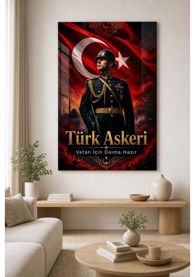 Türk Askeri Baskılı Cam Tablo Bayraklı Vatan Temalı Dekoratif Duvar Tablosu