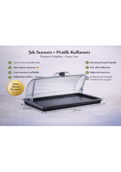 Polikarbon Gn 1/1 Menteşeli Fanus Kapaklı Servis Tepsisi 32.5x53 Cm Açılır Kapanır Kapak Şeffaf