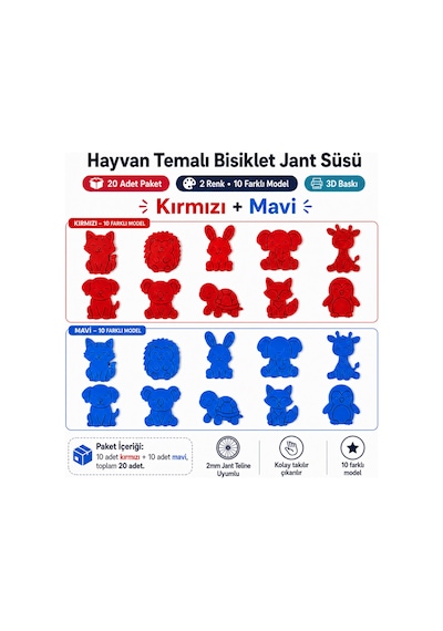 Hayvan Temalı Bisiklet Jant Süsü 20 Parça 2 Renk 10 Farklı Model Kırmızı-Mavi