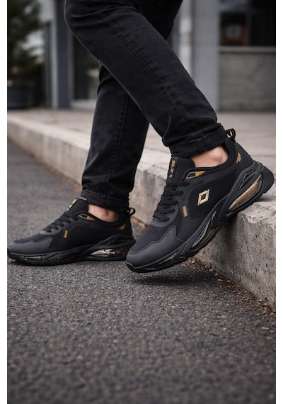 Erkek Siyah Air Taban Spor Ayakkabı Gold-gümüş Detaylı Sneaker Siyah - Altın