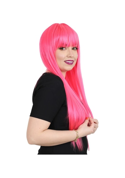 Uzun Kahküllü Fiber Sentetik Peruk - Neon Pembe
