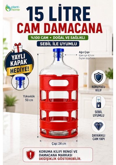 15 Litre Cam Damacana %100 Cam Sebil Ve El Pompası Uyumlu Yaylı Kapak Hediyeli Doğal, Sağlıklı Ve Dayanıklı Şeffaf