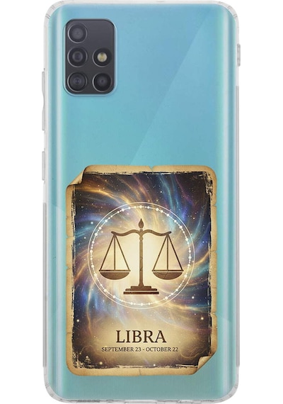 Samsung Galaxy A51 İle Uyumlu Burç Kartları Terazi Tasarımlı Şeffaf Silikon Kılıf Şeffaf
