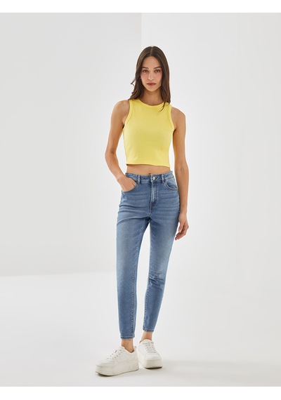 Lcw Vision Sarı Bisiklet Yaka Dokulu Kadın Crop
