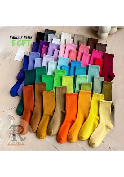 Trampler Kadın 5 Çift Karışık Renk Mevsimlik Uzun Tenis Çorap Çok Renkli