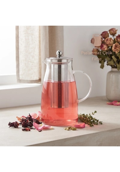 Özel Üretim Sağlıklı Yaşam Mutfak Kaliteli Detoks Sürahisi 1500 Ml Paslanmaz Çelik Filtre Cam