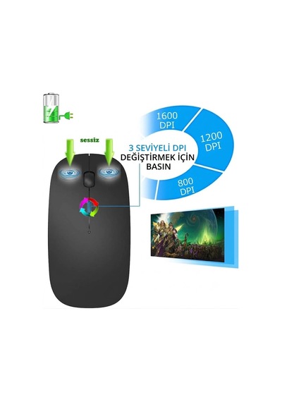Çift Modlu Şarj Edilebilir Sessiz Kablosuz Mouse Bluetooth + 2.4ghz