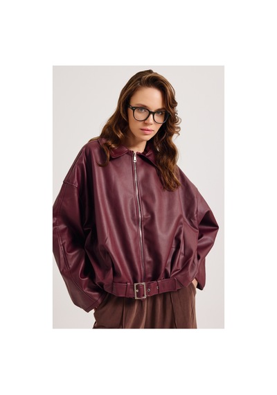 Meecy Yeni Sezon Suni Oversize Bomber Deri Ceket Bordo Bordo